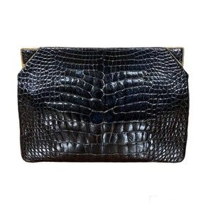 Judith Leiber Vintage Black Alligator Clutch Top Side Kiss Lock Closure SEE..
